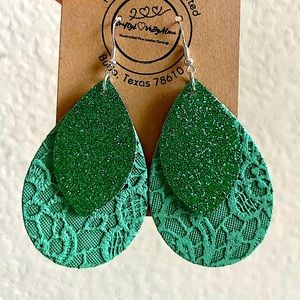 Teal Green Laced Embroidery & Supefine Green Glitters Layered Teardrop Earrings